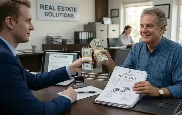 Landowner holding cash after plot sale, legal papers approved, real estate transaction, professional property deal. -Sell My Land for Cash. -1
