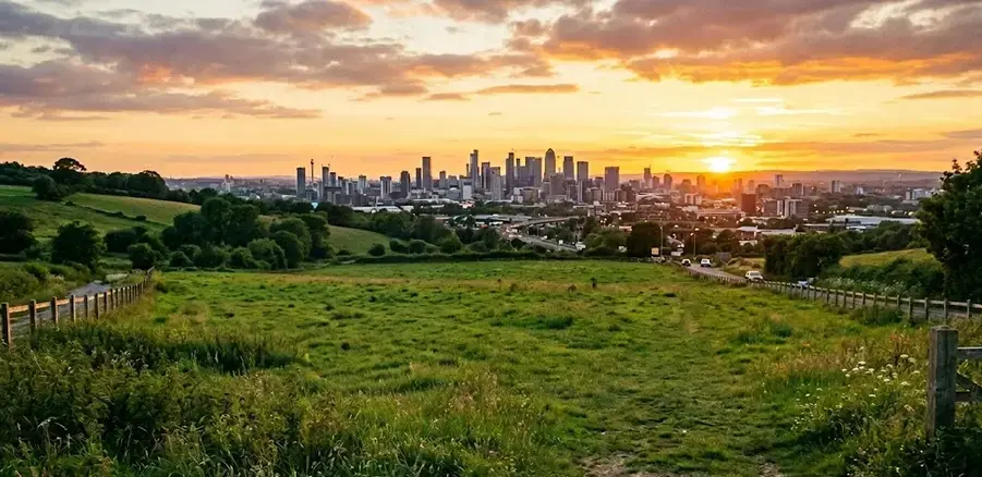 Plot for sale sign on green land, city skyline in background, golden sunset, real estate investment concept scene. -How Do I Sell My Land. -1