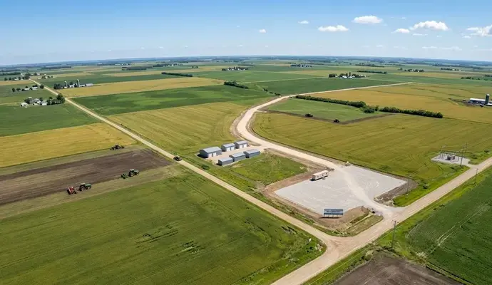 Aerial view of expansive green agricultural land under blue skies, showcasing open development potential and investment-ready property. -How Do I Sell My Land to a Developer. -1
