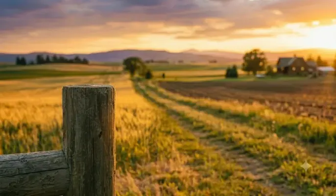 Sunset rural landscape, weathered wooden fence post foreground, rolling golden fields, distant farmhouse, cinematic. -How Do I Sell My Land Without a Realtor. -1