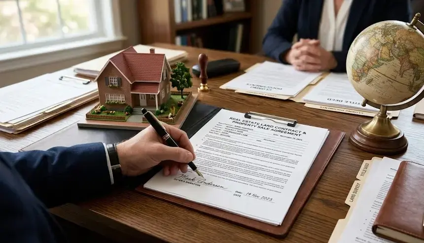 Real estate land contract signing on desk, house model, globe, legal paperwork, property sale agreement close-up. -Sell My Land Contract. -1