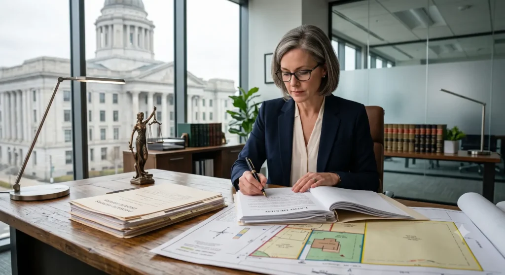 A woman works at a desk with a large city view-Can an Administrator Sell My Land? 1