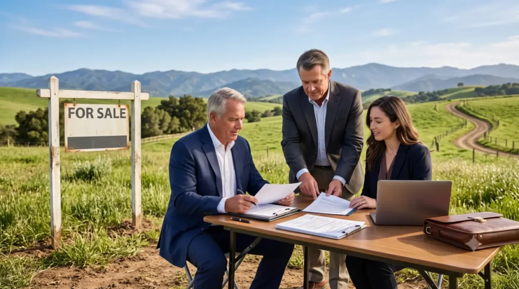 Businessmen and a woman sign a land sale contract-Can I sell my land before settlement?1