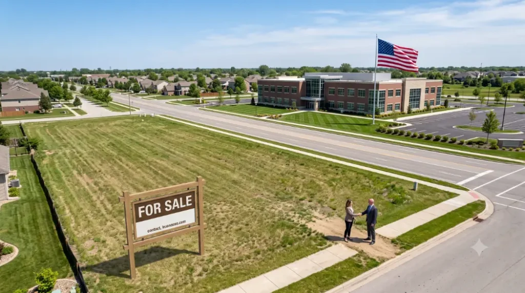 Drone view of property for sale near a brick office- Can I Sell My Land to Government?1
