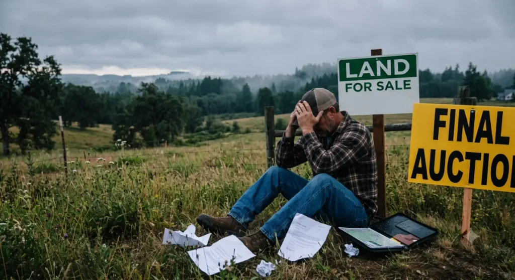 Hopeless man, auction sign, scattered papers in field- How do I sell my land without a realtor? 3