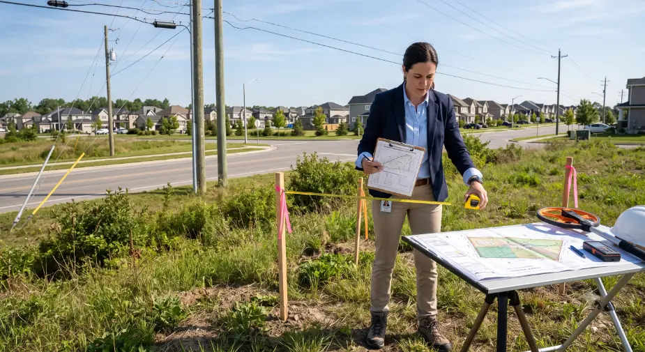 Land surveyor measuring property with blueprints-How to Sell My Land Myself ? 2