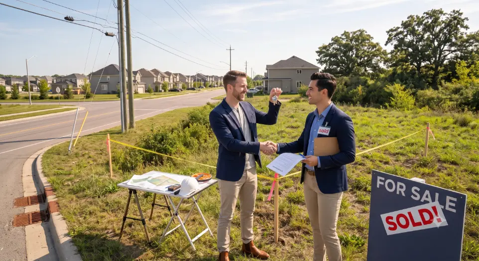 buyer and seller shake hands in front of a "Sold" plot- How to Sell My Land Myself? 3