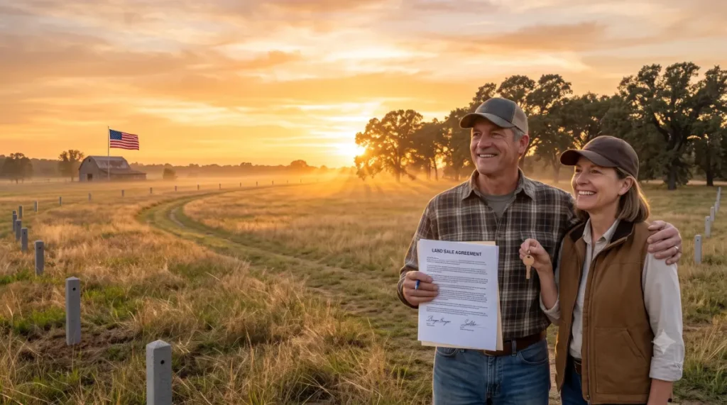 Happy couple with land deed at sunset on a farm- If I Sell My Land Is It Taxable? 3