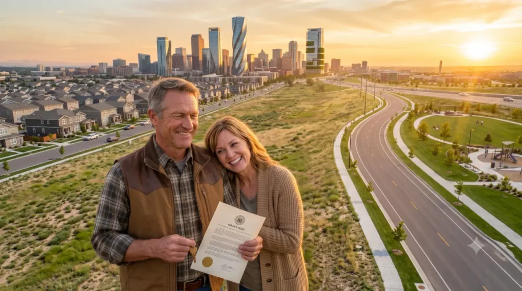 Happy couple with property key and deed at sunset-Can I sell my land to the city?3