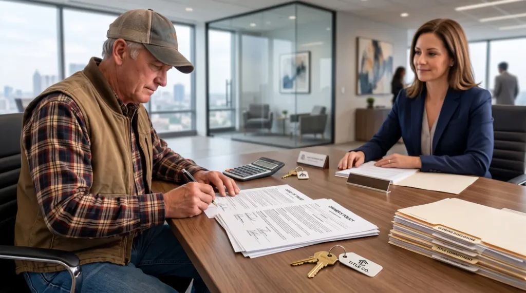 Landowner signing property papers in an office-Can I sell my land to the bank? 2