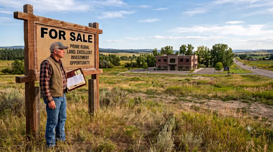 Landowner signing property papers in an office-Can I sell my land to the bank? 2