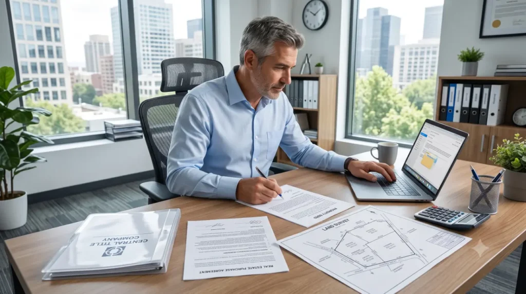 Man gather information and uses laptop at desk -Can I Sell My Land Without a Lawyer? 2