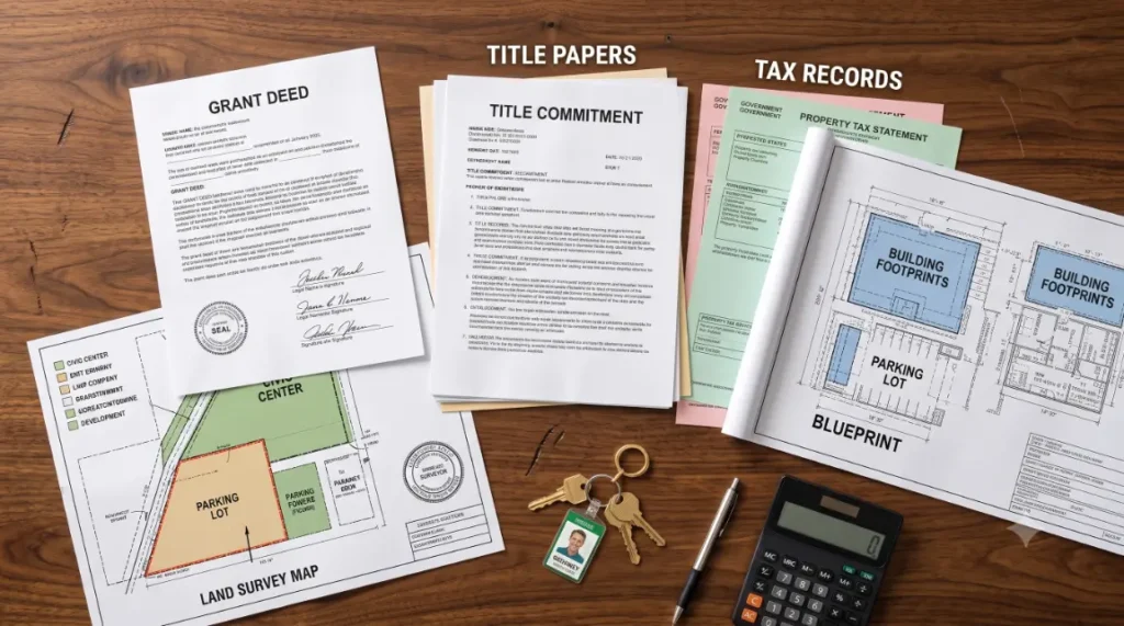 Property deed, survey map, and keys on wooden desk-Can I Sell My Land to Government3