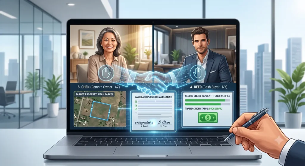 Remote hand signs land purchase agreement on a laptop-Can I Sell My Land to Another State? 2