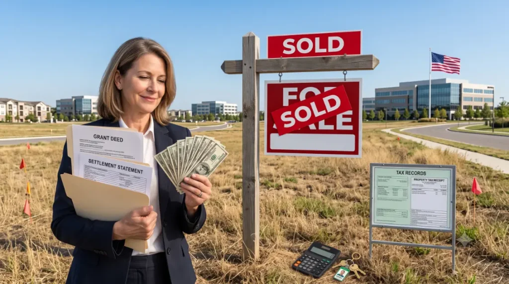 Woman with cash and deed in front of sold land lot-If I Sell My Land Is It Taxable?1
