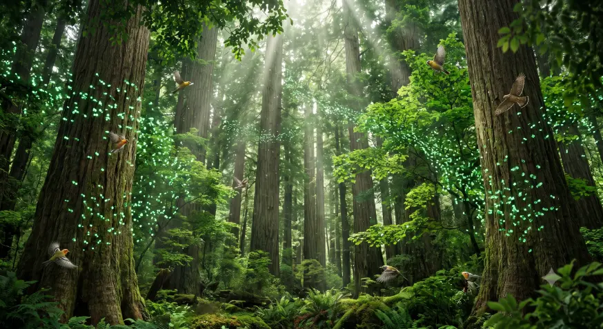 magical redwood forest with glowing particles and birds- Can I Sell My Land for Carbon Credits? 2