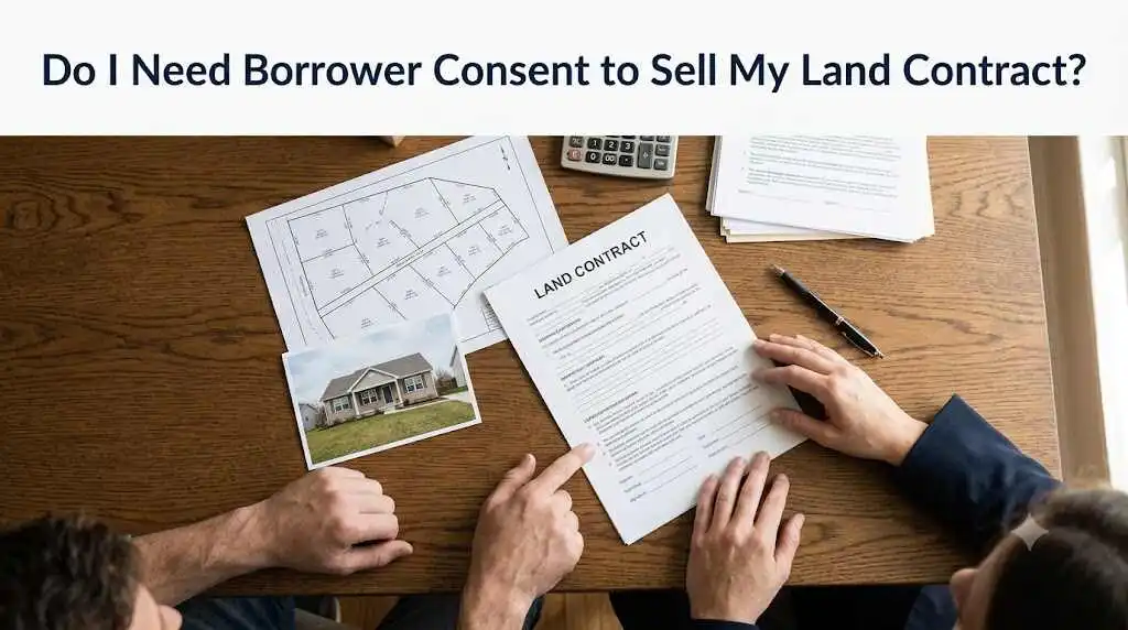 Two people reviewing a land purchase contract, property map, and house photograph on a wooden desk – Do I Need Borrower Consent to Sell My Land Contract?- 1