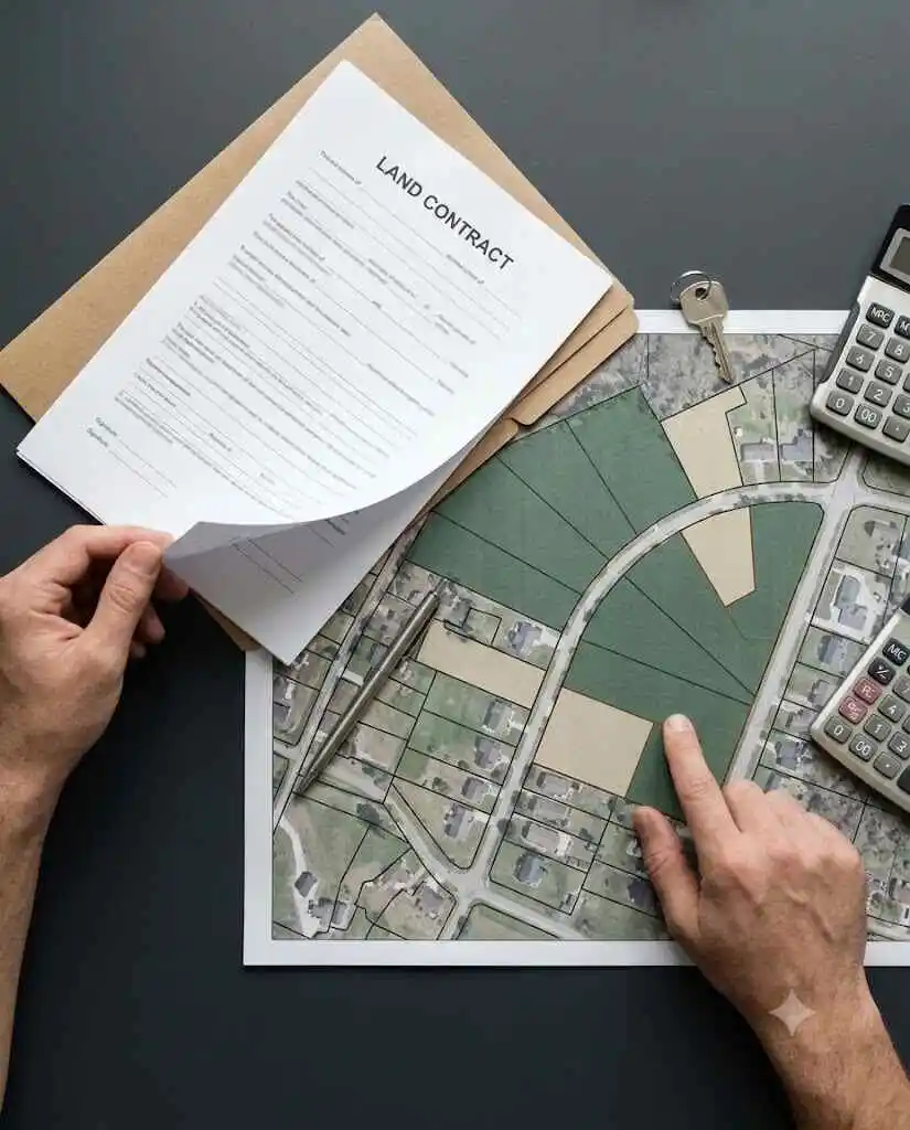 Hands reviewing a detailed property boundary map and a land contract on a dark desk with a key and a pen – Do I Need Borrower Consent to Sell My Land Contract?- 2