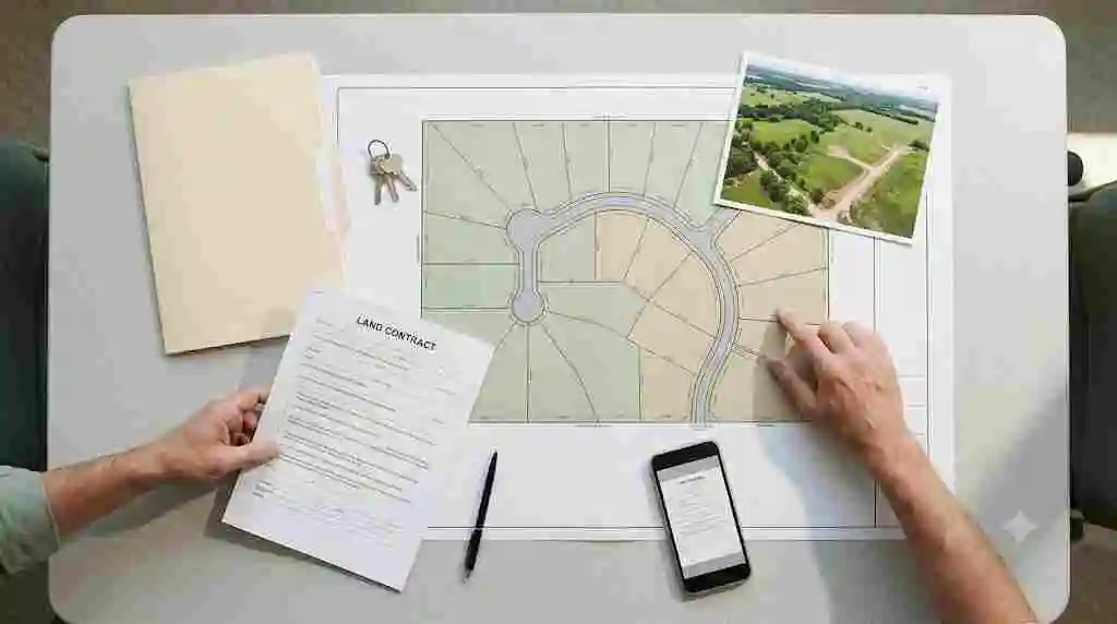 Hands reviewing a property site plan and a land contract on an office table – Do I Need Borrower Consent to Sell My Land Contract? -3