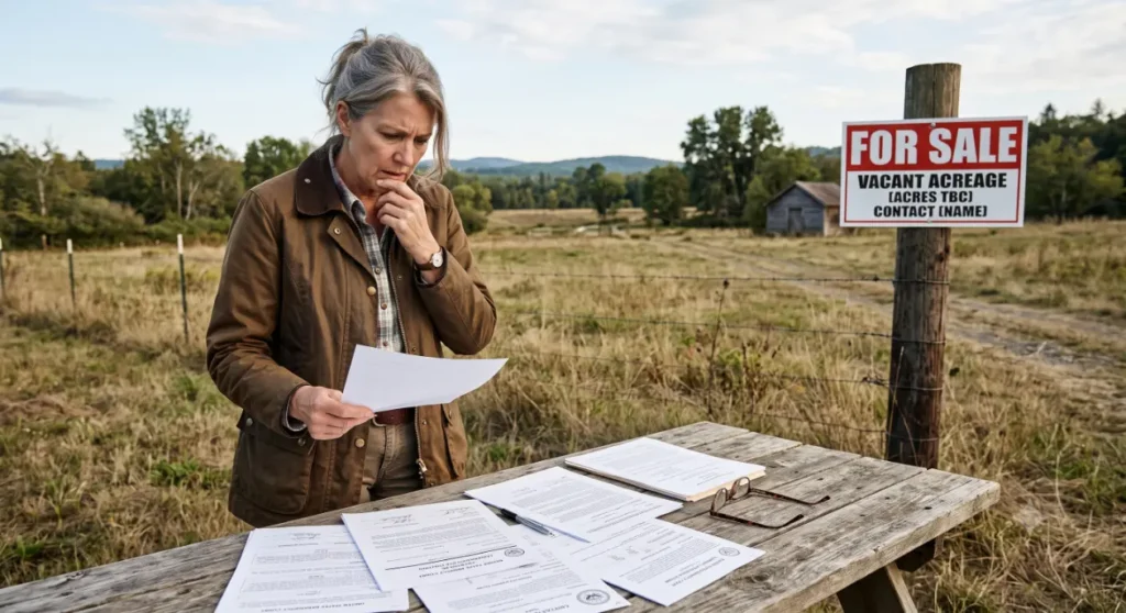 A worried woman reviews papers in a field-I'm in Bankruptcy—Do I Have to Sell My Land? 2