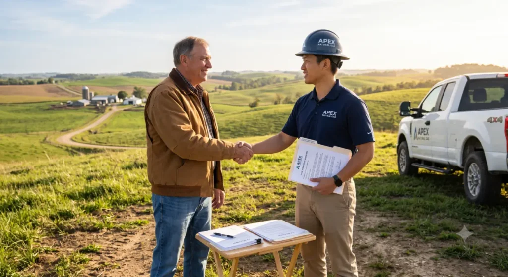 Happy landowner shaking hands with a natural gas company-How Do I Sell My Land to Natural Gas Miners? 3
