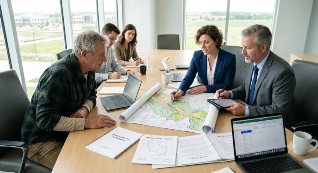 Landowner and mining team reviewing maps-How Do I Sell My Land to Shale Miners? 3