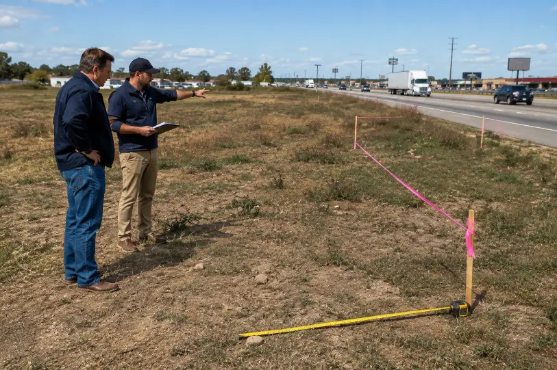 Landowner inspecting highway property site-Lease or Sell My Land on Highway 3