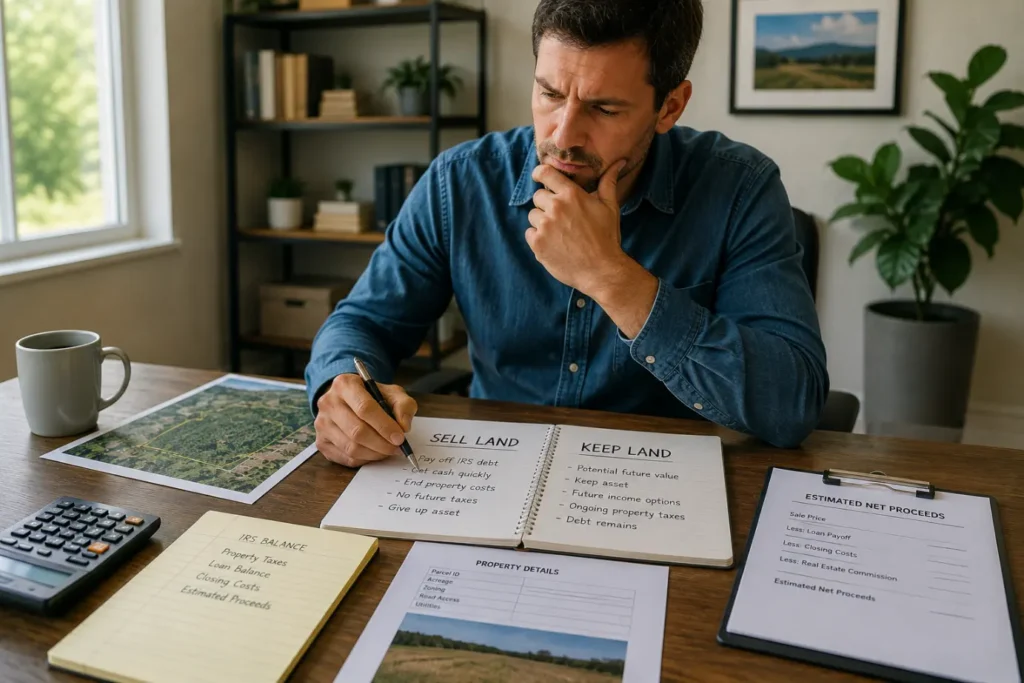 Landowner reviewing tax documents-Should I Sell My Land If I Owe the IRS? 1