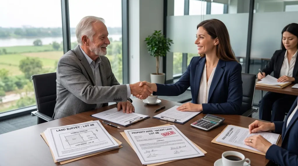 Real estate closing with handshake and documents.-What Paperwork Do I Need to Sell My Land? 3