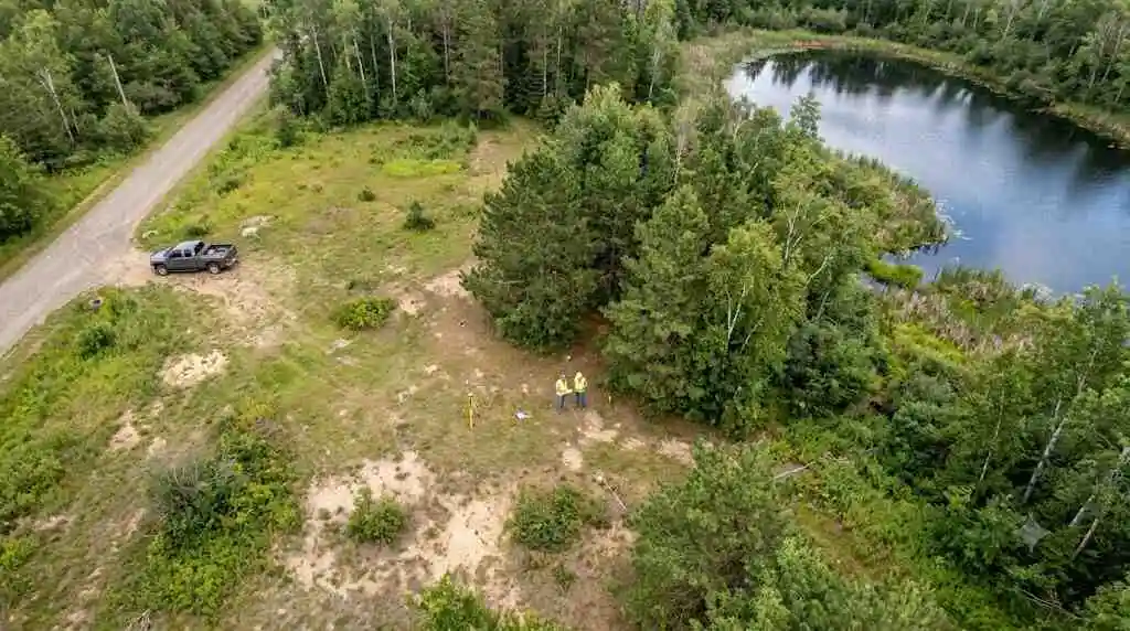 High overhead view of Minnesota vacant land evaluation with surveyor - sell my land fast in Minnesota - 2