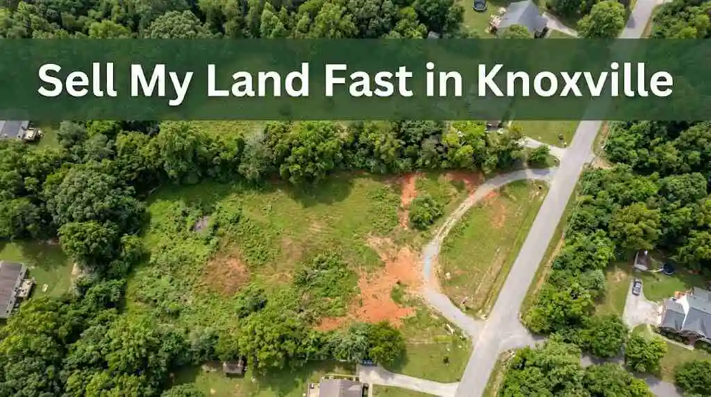 aerial drone photograph of a vacant parcel in East Tennessee with a banner - Sell My Land Fast in Knoxville - 1
