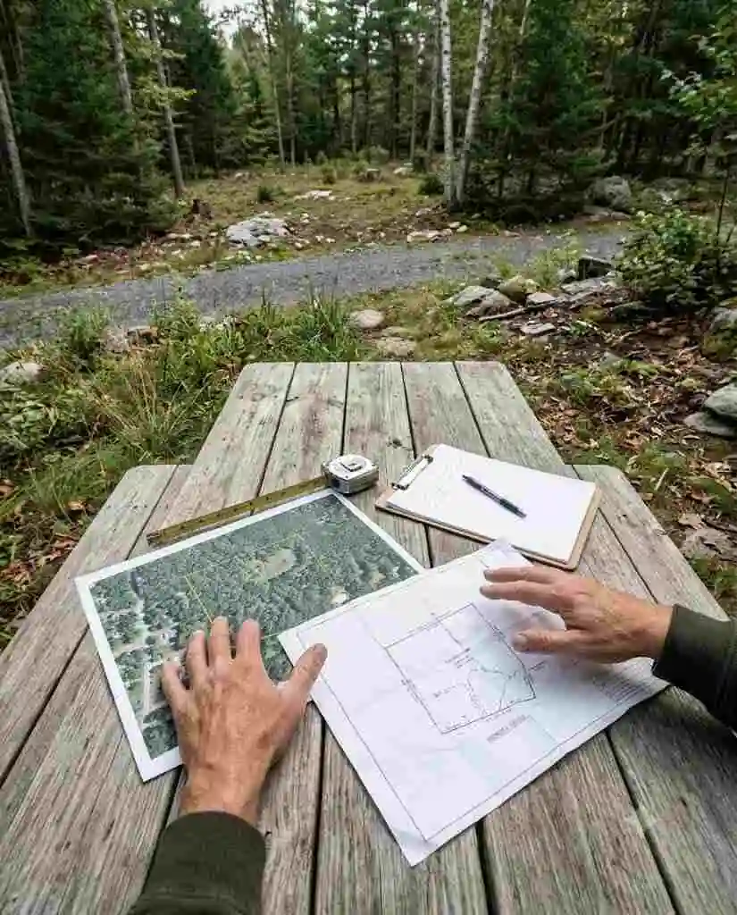 Hands reviewing property maps and surveys on outdoor picnic table - Sell My Land Fast Maine -2