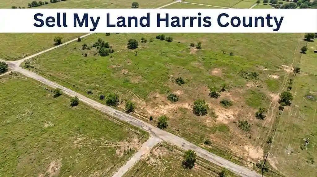 Top-down aerial view of flat vacant acreage with a dirt access road in Harris County Texas under a banner - Sell My Land Harris County - 1