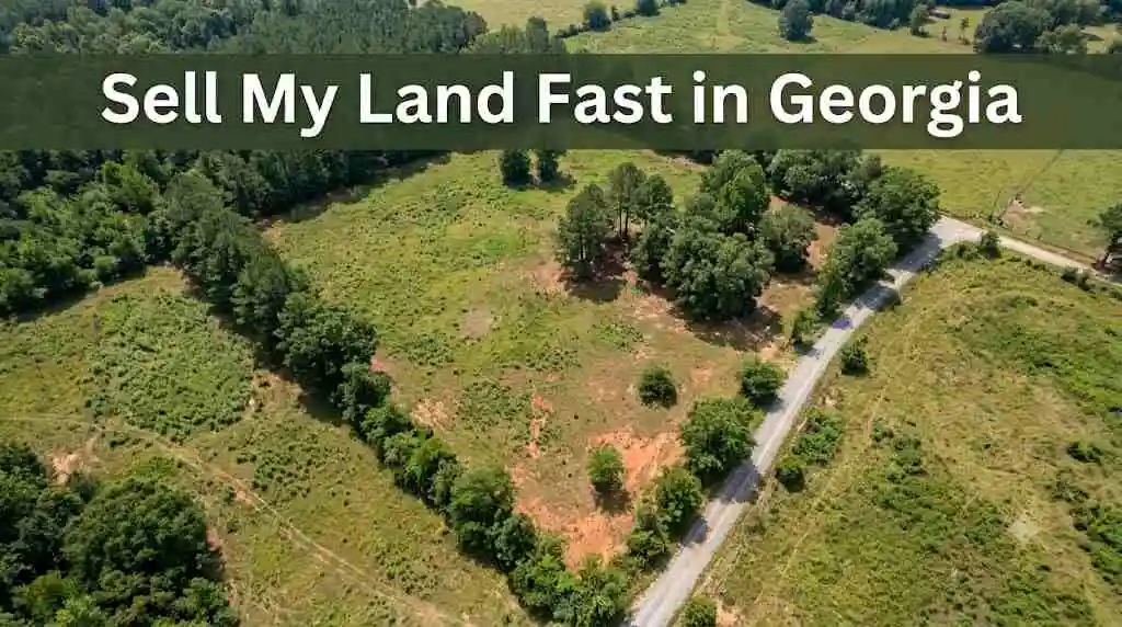 An aerial drone view of a vast vacant rural land parcel with a narrow gravel access road - sell my land fast in Georgia - 1