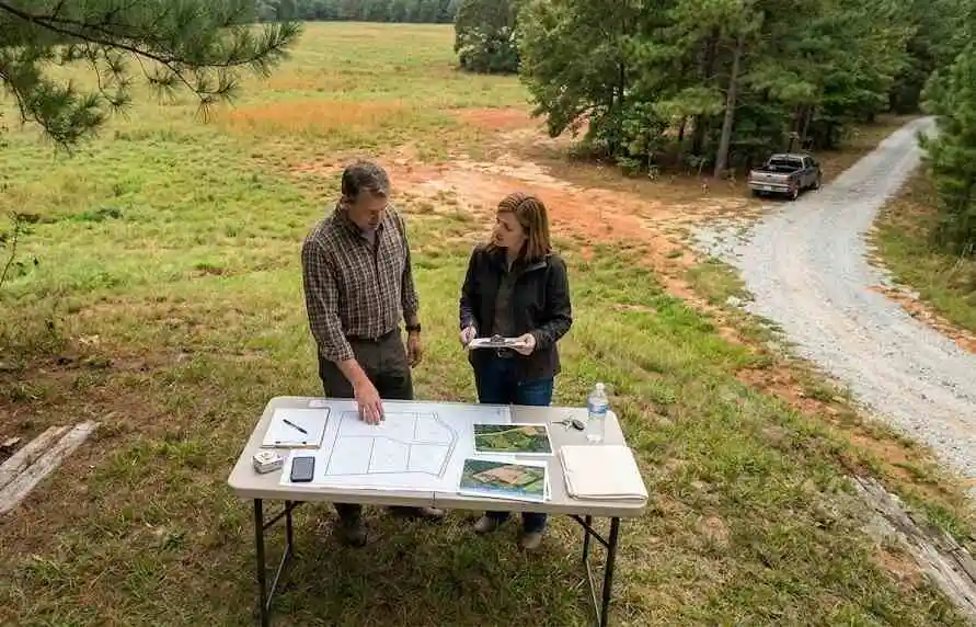 An overhead view of a landowner and a real-estate professional discussing a property map outdoors - sell my land fast in Georgia - 2