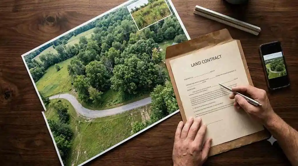 Person signing a Land Contract on a desk with aerial photos and a phone , - , sell my land contract in Michigan - 2