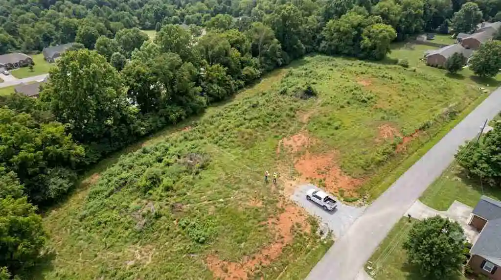 high overhead drone view of a land surveyor and owner inspecting a vacant parcel near a gravel entrance - Sell My Land Fast in Knoxville -  2