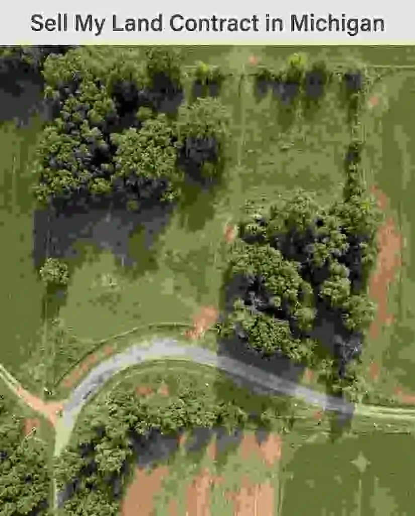 Aerial view of rural plot of land with trees and curving road in Michigan , - , sell my land contract in Michigan -1