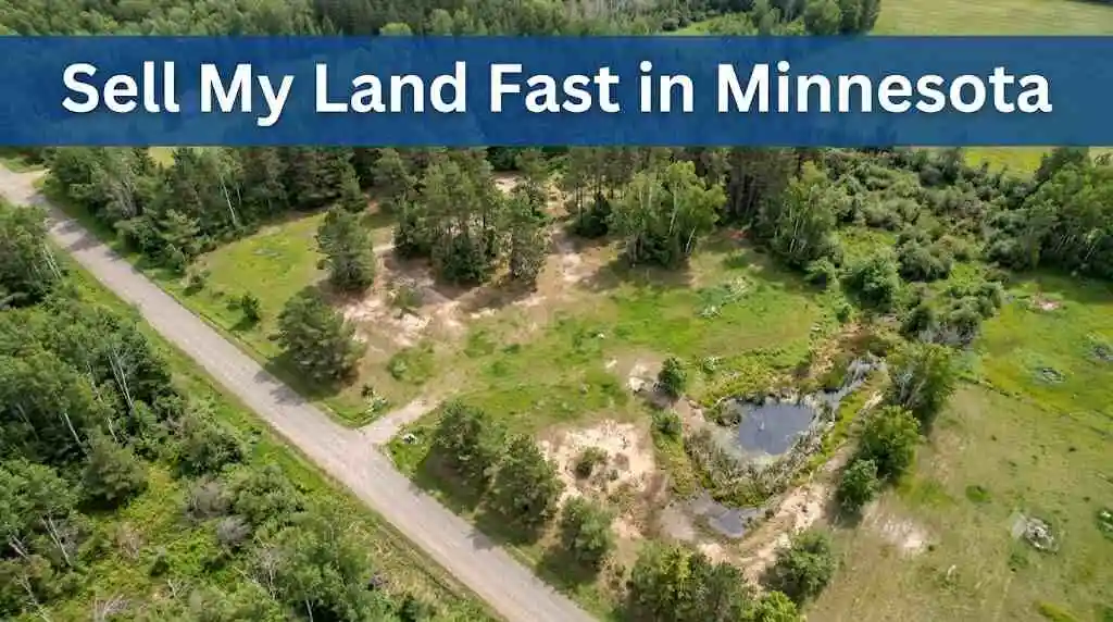 Aerial drone view of Minnesota vacant land with text banner - sell my land fast in Minnesota - 1